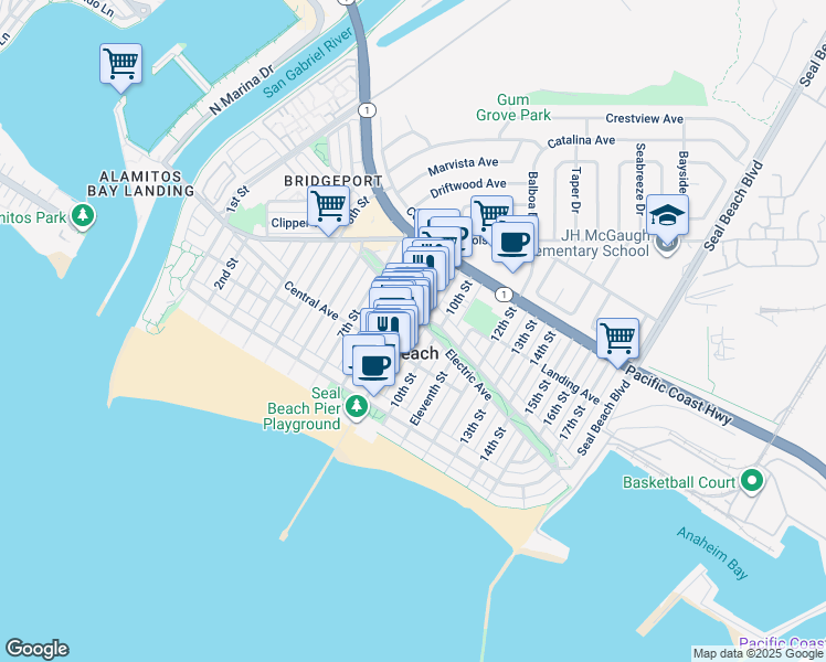 map of restaurants, bars, coffee shops, grocery stores, and more near 246 Main Street in Seal Beach
