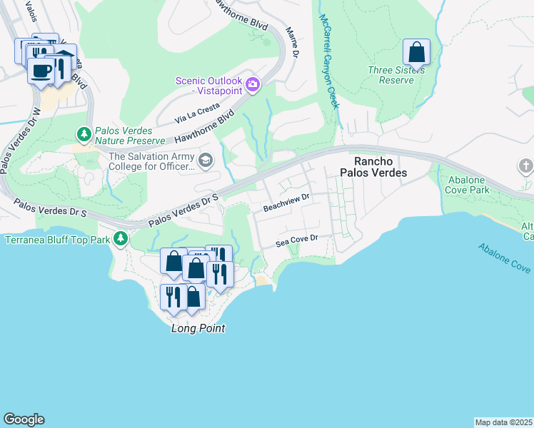 map of restaurants, bars, coffee shops, grocery stores, and more near 6600 Beachview Drive in Rancho Palos Verdes