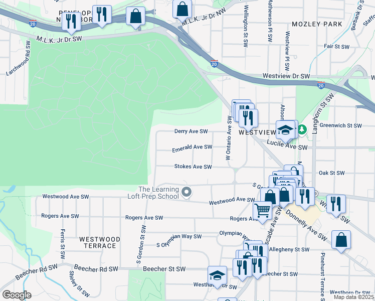 map of restaurants, bars, coffee shops, grocery stores, and more near 1696 Emerald Avenue Southwest in Atlanta