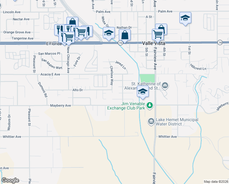 map of restaurants, bars, coffee shops, grocery stores, and more near 26158 Chelsea Way in Hemet