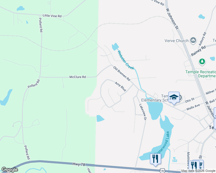 map of restaurants, bars, coffee shops, grocery stores, and more near 411 Amy Boulevard in Temple
