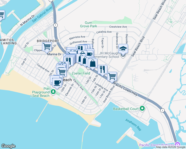 map of restaurants, bars, coffee shops, grocery stores, and more near 1244 California 1 in Seal Beach