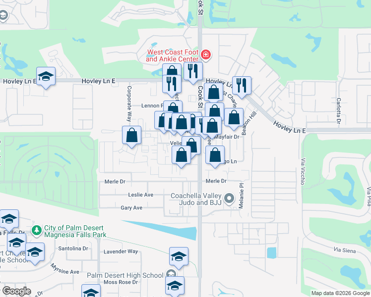 map of restaurants, bars, coffee shops, grocery stores, and more near 74883 Velie Way in Palm Desert