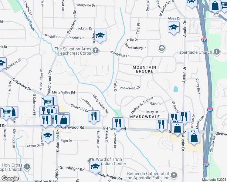 map of restaurants, bars, coffee shops, grocery stores, and more near 3501 Tulip Drive in Decatur