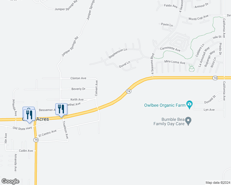 map of restaurants, bars, coffee shops, grocery stores, and more near 34110 Bethel Avenue in Hemet
