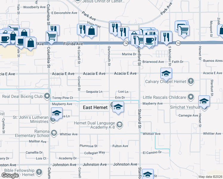 map of restaurants, bars, coffee shops, grocery stores, and more near 26136 Dartmouth Street in Hemet