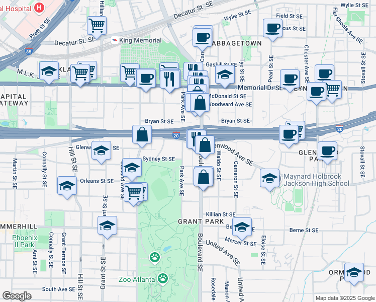 map of restaurants, bars, coffee shops, grocery stores, and more near 442 Park Avenue Southeast in Atlanta