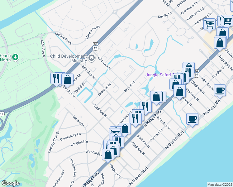 map of restaurants, bars, coffee shops, grocery stores, and more near 6526 Valene Court in Myrtle Beach