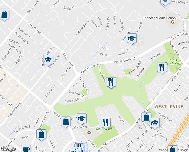map of restaurants, bars, coffee shops, grocery stores, and more near 2301 Moortown Drive in Tustin