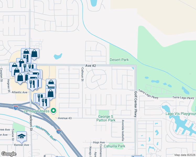 map of restaurants, bars, coffee shops, grocery stores, and more near 83656 Fujiyama Drive in Indio