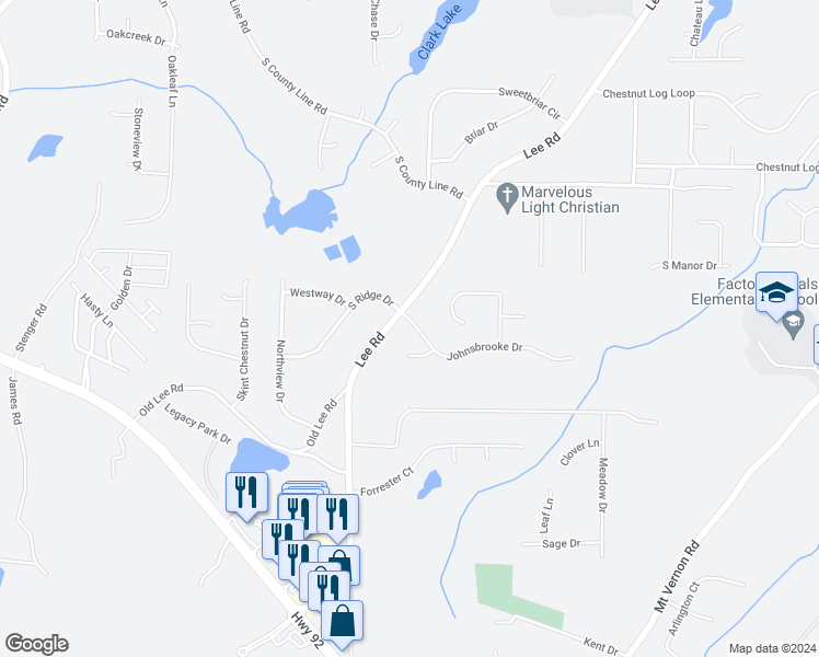 map of restaurants, bars, coffee shops, grocery stores, and more near 2698 Johnsbrooke Drive in Lithia Springs