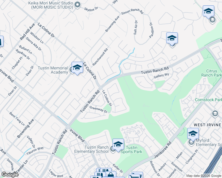 map of restaurants, bars, coffee shops, grocery stores, and more near 12460 Woodhall Way in Tustin