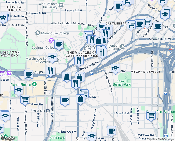 map of restaurants, bars, coffee shops, grocery stores, and more near 578 Whitehall Street Southwest in Atlanta