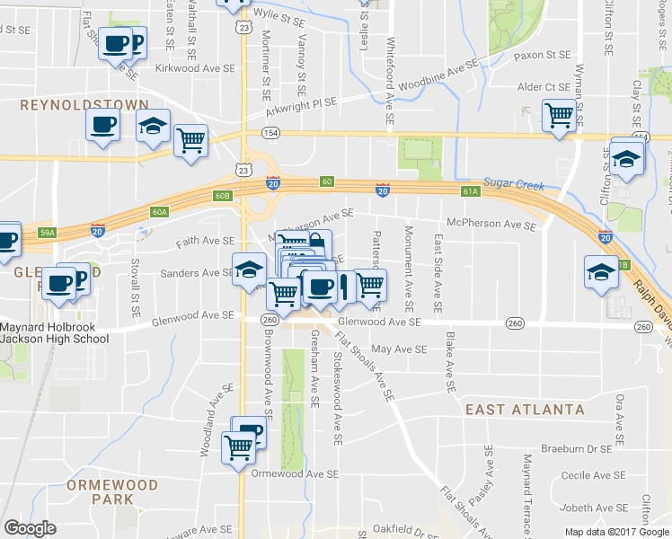 map of restaurants, bars, coffee shops, grocery stores, and more near 1303 Metropolitan Avenue Southeast in Atlanta