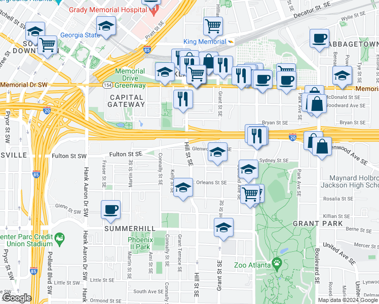 map of restaurants, bars, coffee shops, grocery stores, and more near 261 Glenwood Avenue Southeast in Atlanta
