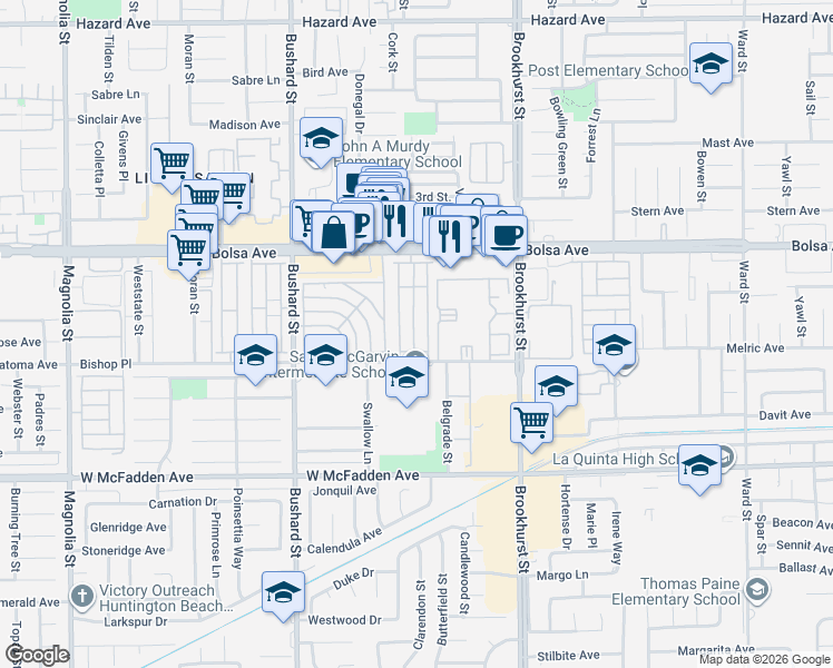 map of restaurants, bars, coffee shops, grocery stores, and more near 129 Bishop Place in Westminster