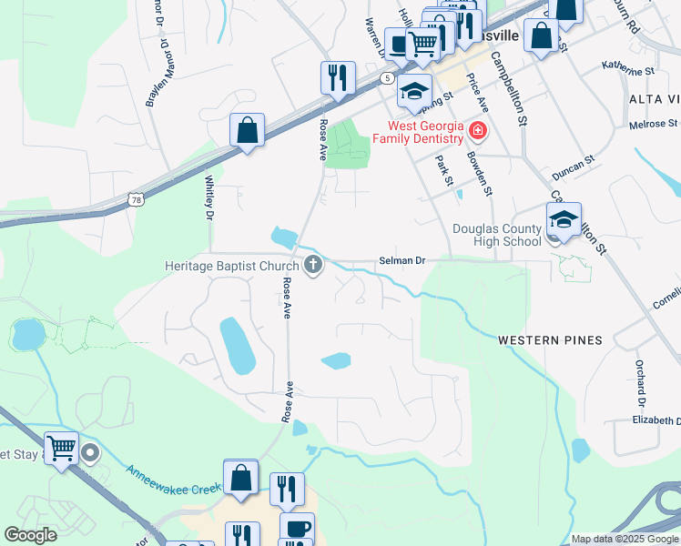 map of restaurants, bars, coffee shops, grocery stores, and more near 8814 Ridgemore Court in Douglasville