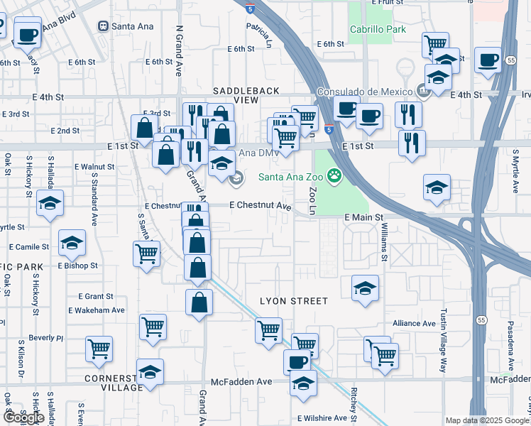 map of restaurants, bars, coffee shops, grocery stores, and more near 1546 East Chestnut Avenue in Santa Ana