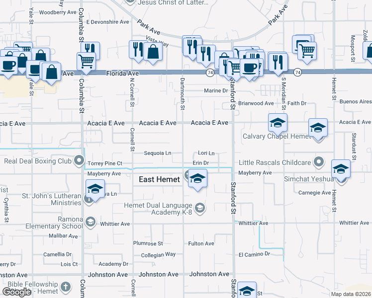 map of restaurants, bars, coffee shops, grocery stores, and more near 26136 Dartmouth Street in Hemet