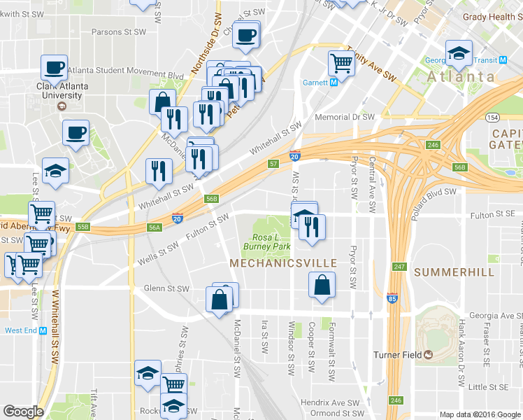 map of restaurants, bars, coffee shops, grocery stores, and more near 461 Ira Street Southwest in Atlanta