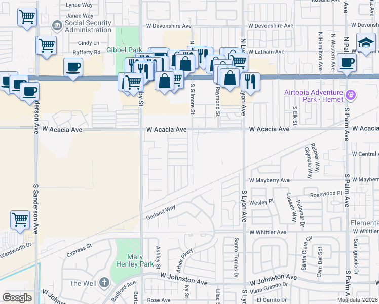 map of restaurants, bars, coffee shops, grocery stores, and more near 2205 West Acacia Avenue in Hemet