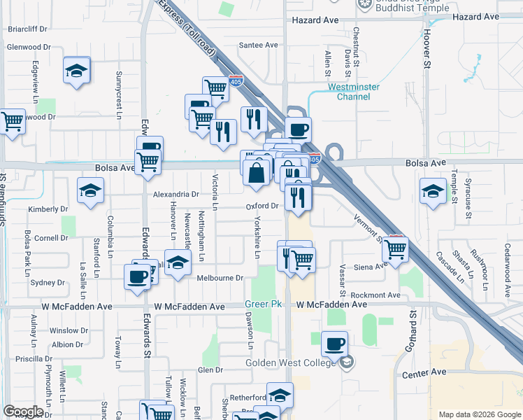 map of restaurants, bars, coffee shops, grocery stores, and more near 6921 Oxford Drive in Huntington Beach