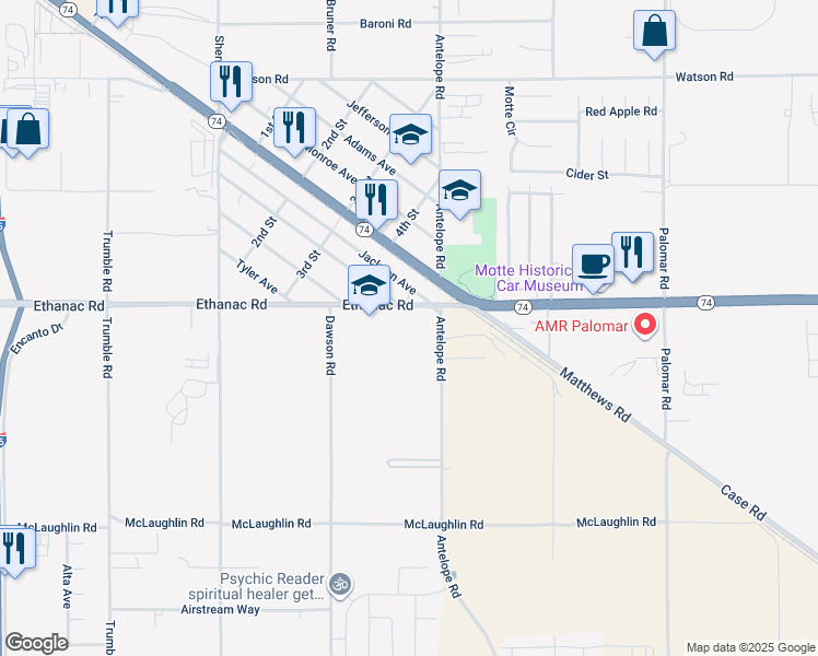 map of restaurants, bars, coffee shops, grocery stores, and more near 27915 Ethanac Road in Menifee