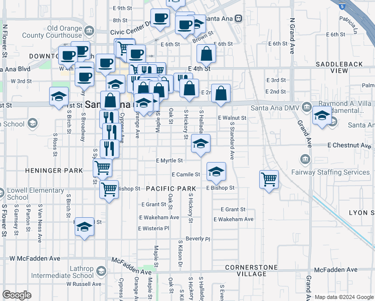 map of restaurants, bars, coffee shops, grocery stores, and more near in Santa Ana
