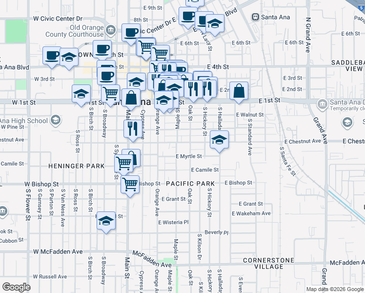 map of restaurants, bars, coffee shops, grocery stores, and more near 421 East Chestnut Avenue in Santa Ana