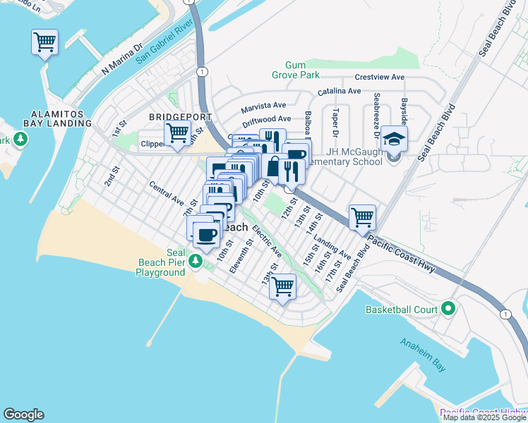 map of restaurants, bars, coffee shops, grocery stores, and more near 316 10th Street in Seal Beach