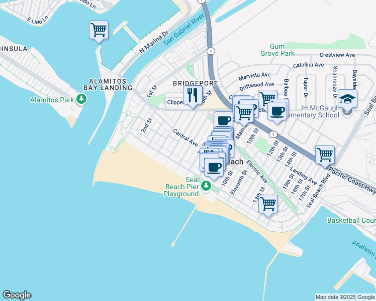 map of restaurants, bars, coffee shops, grocery stores, and more near 134 5th Street in Seal Beach