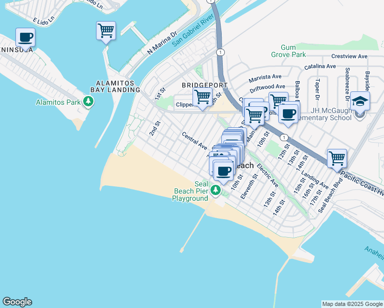 map of restaurants, bars, coffee shops, grocery stores, and more near 134 5th Street in Seal Beach