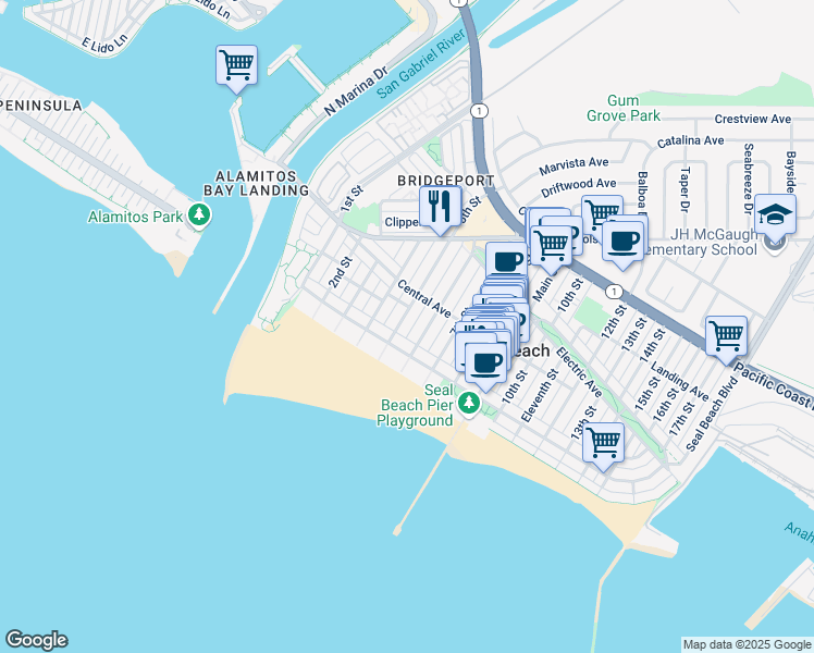 map of restaurants, bars, coffee shops, grocery stores, and more near 134 5th Street in Seal Beach
