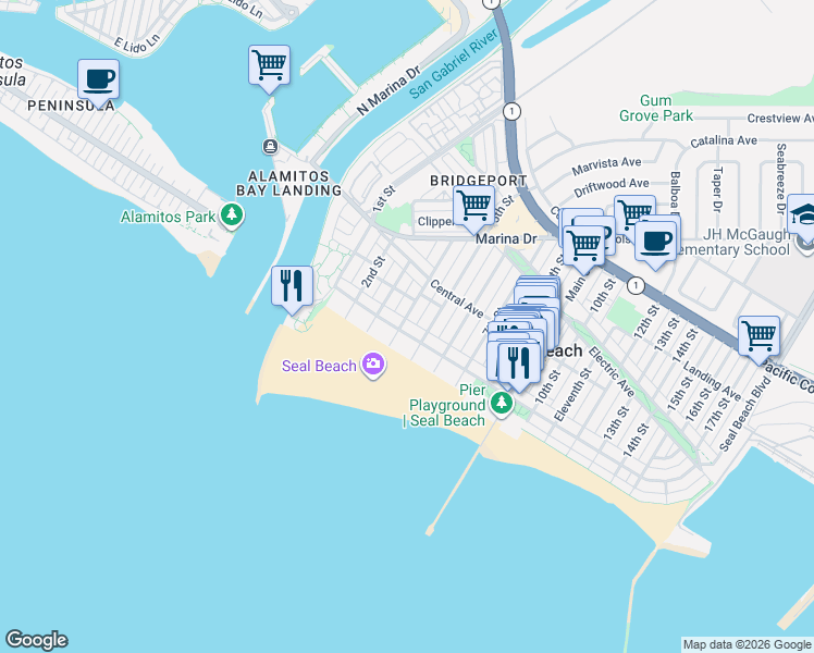 map of restaurants, bars, coffee shops, grocery stores, and more near 114 4th Street in Seal Beach