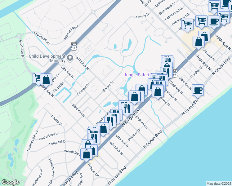 map of restaurants, bars, coffee shops, grocery stores, and more near 6710 Wahoo Drive in Myrtle Beach