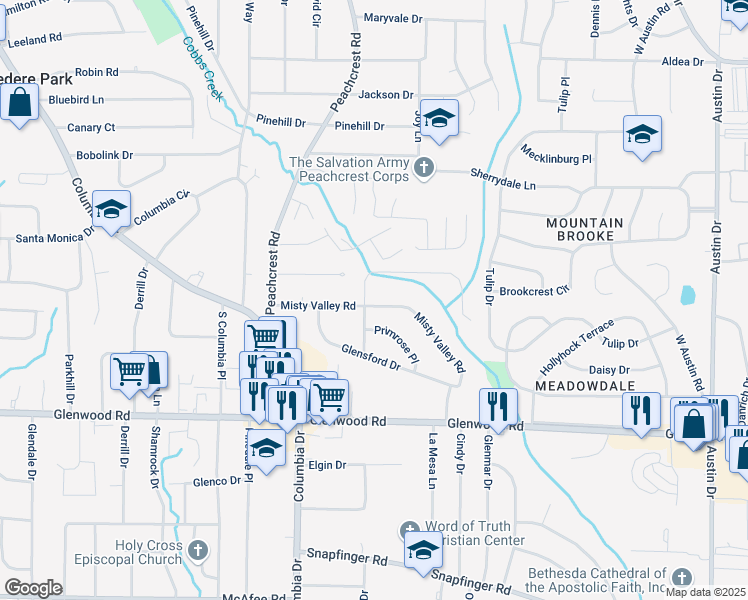 map of restaurants, bars, coffee shops, grocery stores, and more near 3436 Misty Valley Road in Decatur