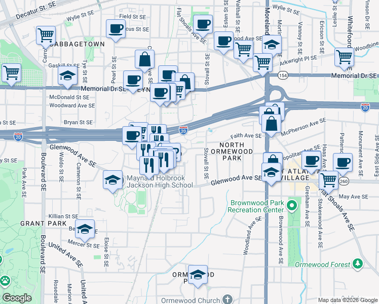 map of restaurants, bars, coffee shops, grocery stores, and more near 976 Faith Avenue Southeast in Atlanta