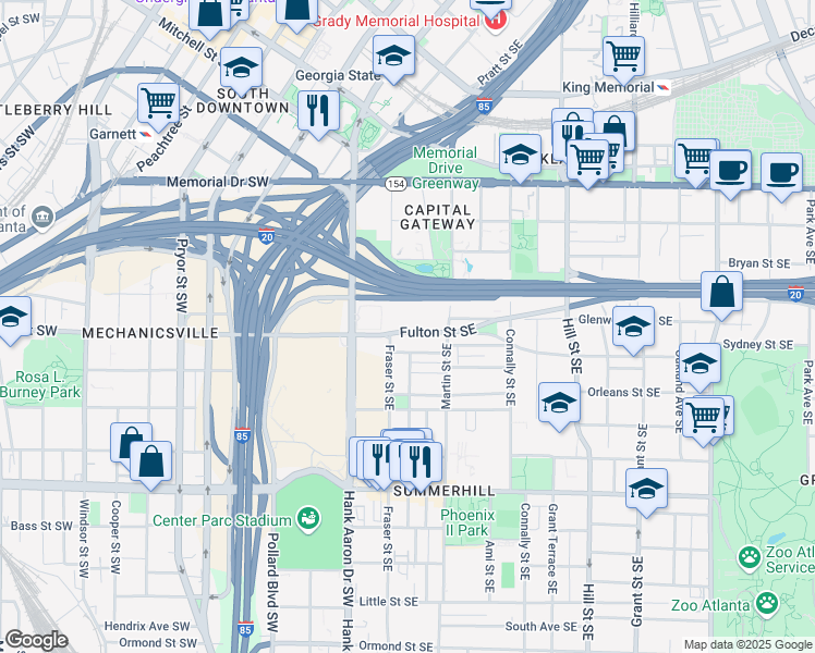 map of restaurants, bars, coffee shops, grocery stores, and more near 63 Solomon Street Southeast in Atlanta