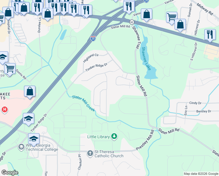 map of restaurants, bars, coffee shops, grocery stores, and more near 8726 Hamil Court in Douglasville