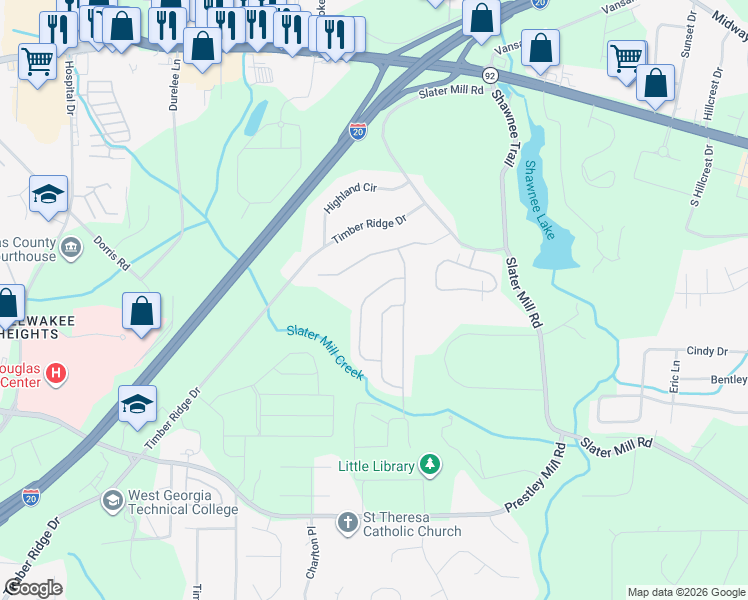 map of restaurants, bars, coffee shops, grocery stores, and more near 8720 Danley Drive in Douglasville