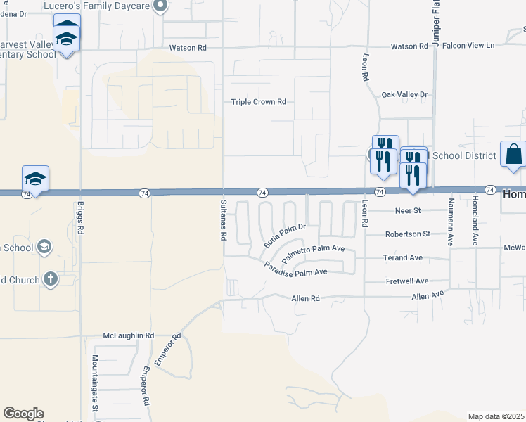 map of restaurants, bars, coffee shops, grocery stores, and more near 26076 Butterfly Palm Drive in Homeland