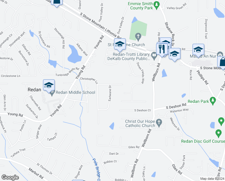 map of restaurants, bars, coffee shops, grocery stores, and more near 5933 Earlwane Drive in Lithonia