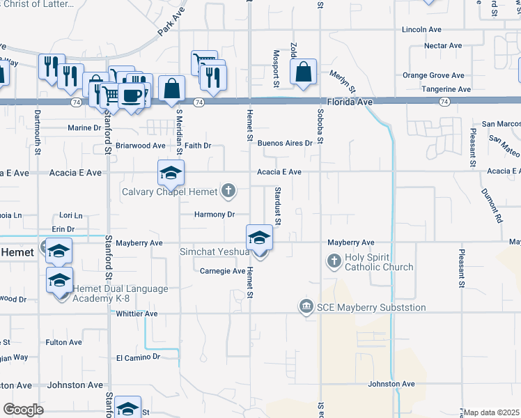 map of restaurants, bars, coffee shops, grocery stores, and more near 26118 Hemet Street in Hemet