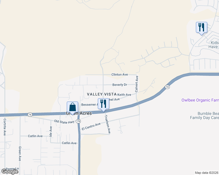 map of restaurants, bars, coffee shops, grocery stores, and more near 33725 Beverly Drive in Hemet