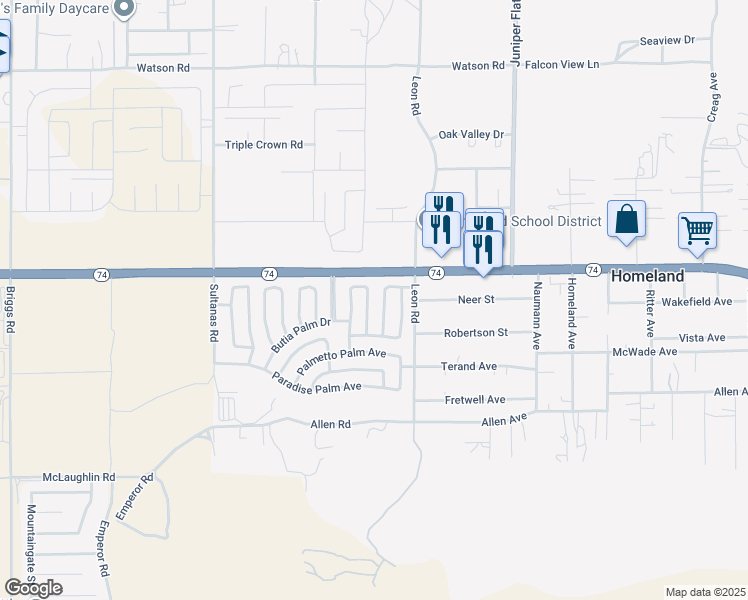 map of restaurants, bars, coffee shops, grocery stores, and more near 26047 Ivory Palm Drive in Homeland