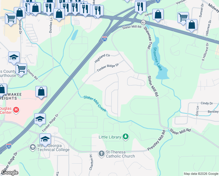 map of restaurants, bars, coffee shops, grocery stores, and more near 8720 Danley Drive in Douglasville