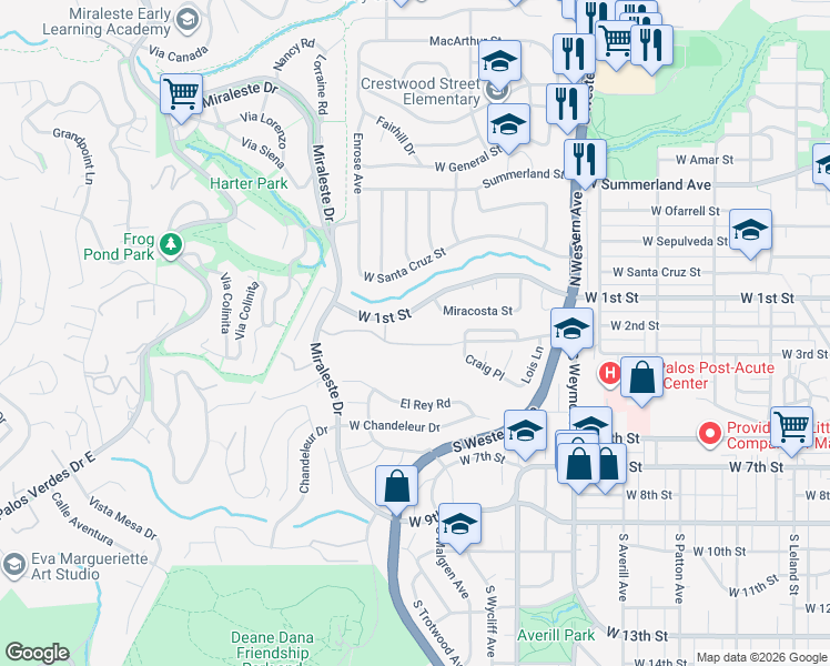map of restaurants, bars, coffee shops, grocery stores, and more near 394 Miraleste Drive in Los Angeles