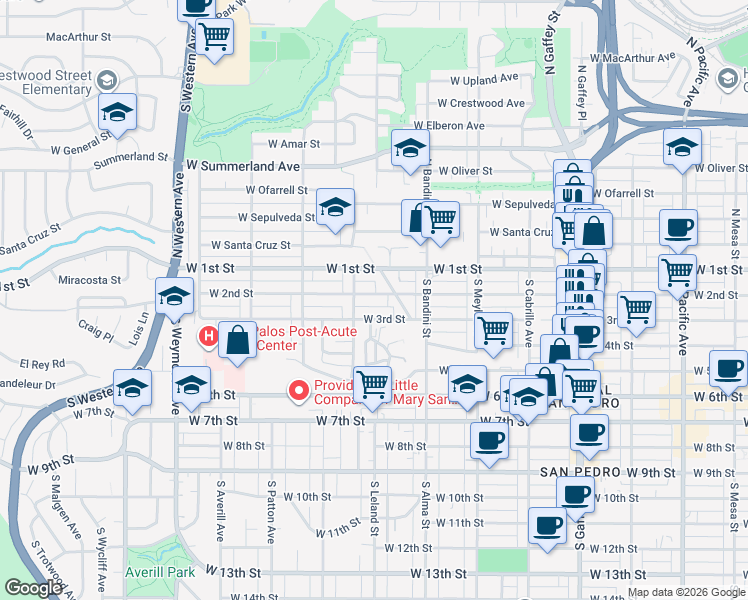 map of restaurants, bars, coffee shops, grocery stores, and more near 1145 West 2nd Street in Los Angeles County