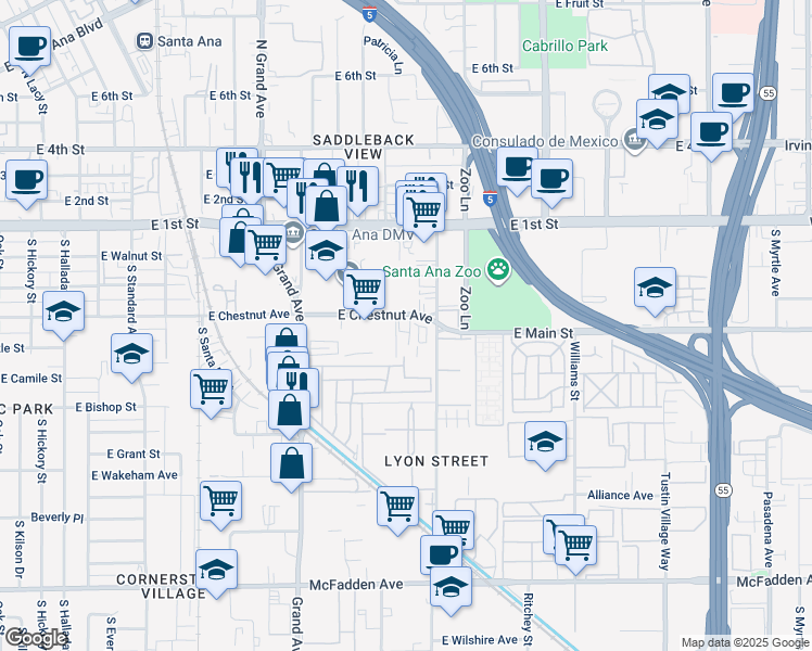 map of restaurants, bars, coffee shops, grocery stores, and more near 1546 East Chestnut Avenue in Santa Ana