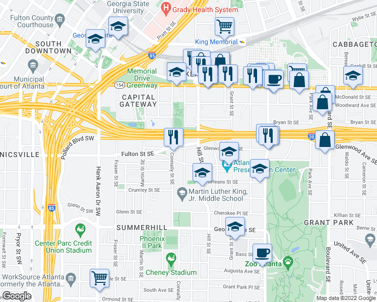map of restaurants, bars, coffee shops, grocery stores, and more near 231 Glenwood Avenue Southeast in Atlanta